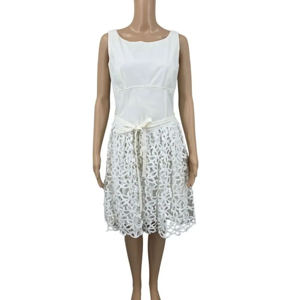ANTONIO MELANI Ivory Linen Bodice with White Embroidered Floral Lace Dress